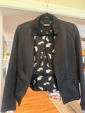 White House Black Market Black Quilted Bomber Jacket with Feather-Print Lining